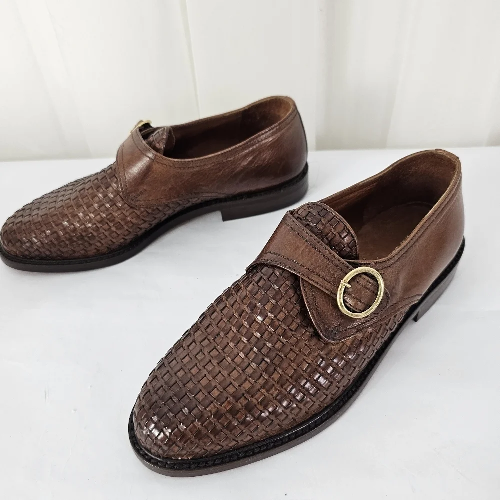 Scala Brown Leather Woven Loafers with Buckle Size 36